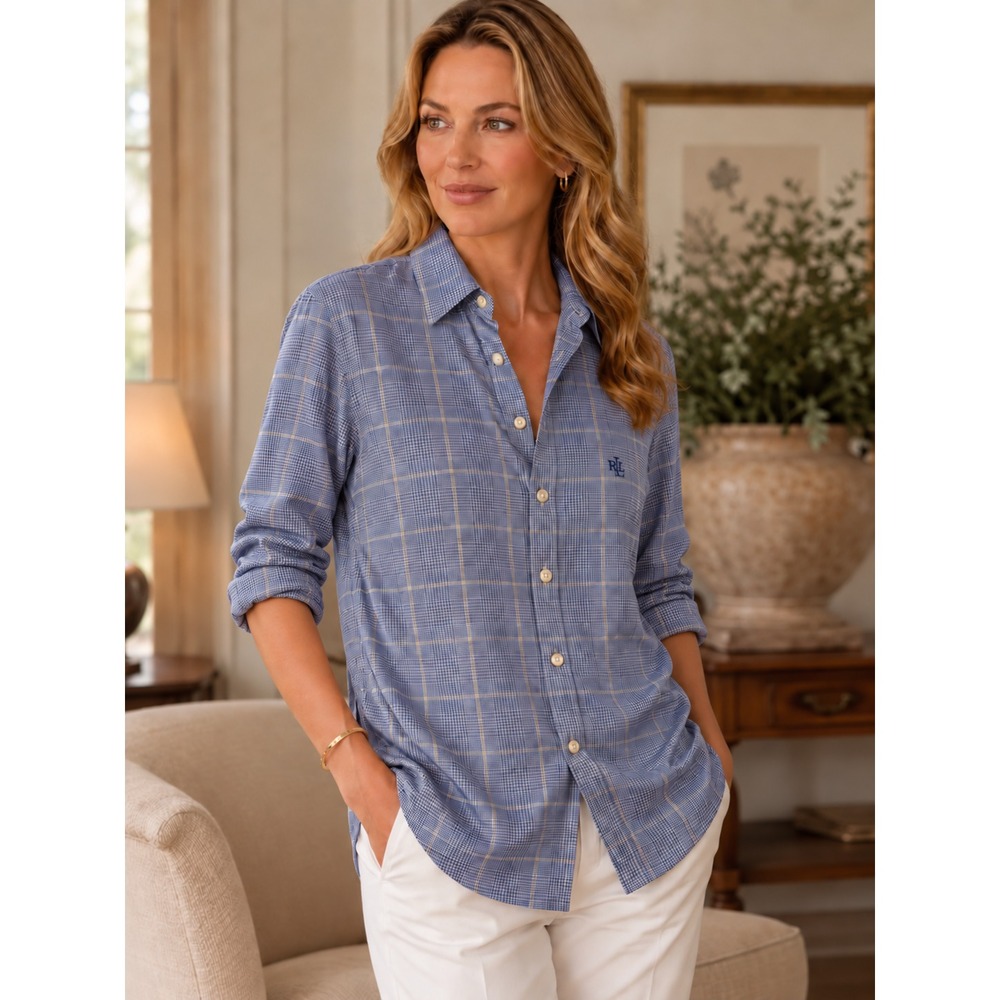 Lauren Ralph Lauren Women's 100% Silk Blue Houndstooth Button Down Blouse Size 8 - Picture 2 of 11